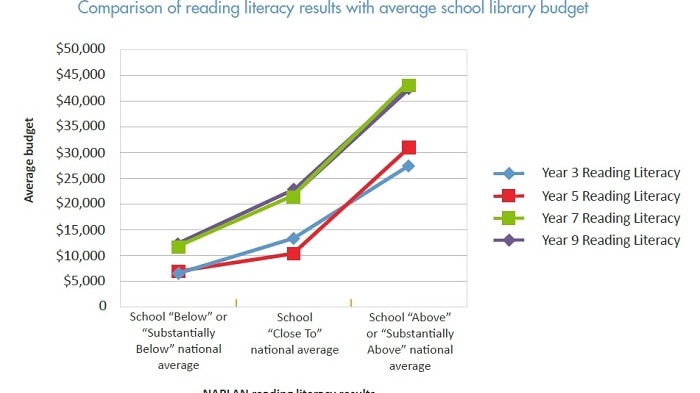 A graph showing a comparison of reading literacy results with average school library budget.