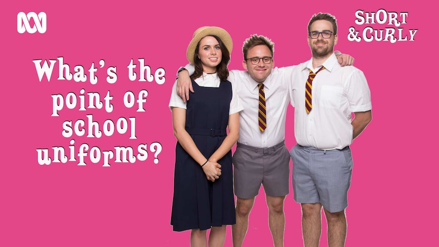 The three presenters act out a scene relating to the topic wearing school uniforms