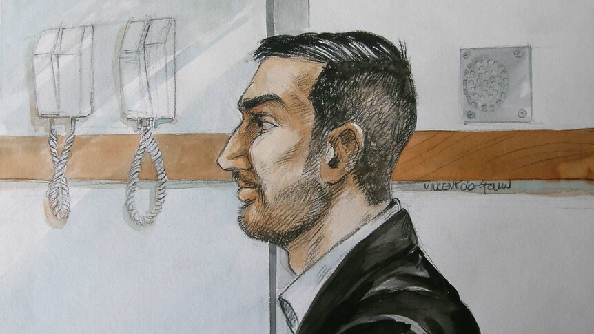 Sketch of Salim sitting in profile in court.