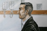Sketch of Salim sitting in profile in court.
