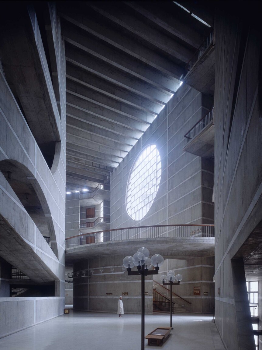 Colour photograph of the interior of the National Assembly in Dhaka, Bangladesh, designed by architect Louis Kahn.
