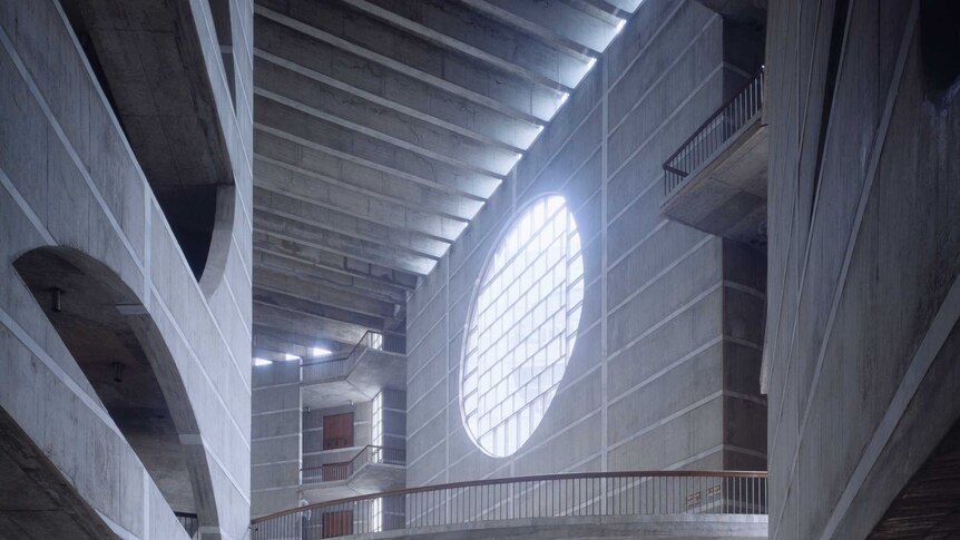 Colour photograph of the interior of the National Assembly in Dhaka, Bangladesh, designed by architect Louis Kahn.