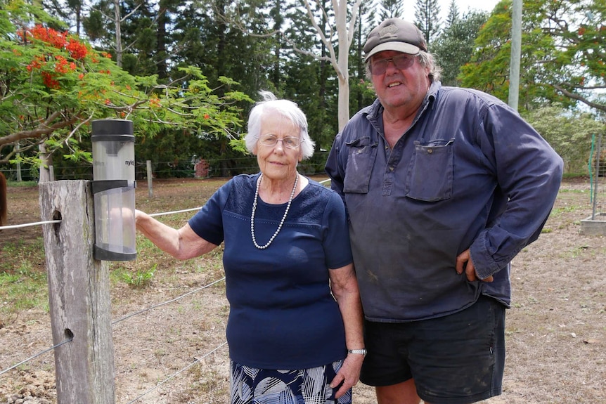 An elderly woman stands beside her adult son next to a empty rain gauge on a fence. A variety of trees in the background