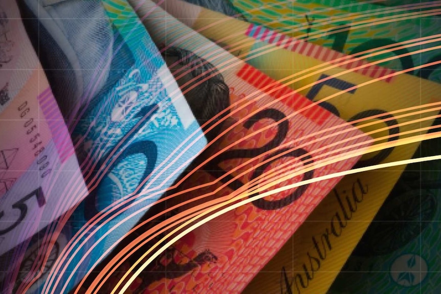 Detail of a chart illustrating the changes in Australia's income tax since 1984 superimposed over a picture of money.