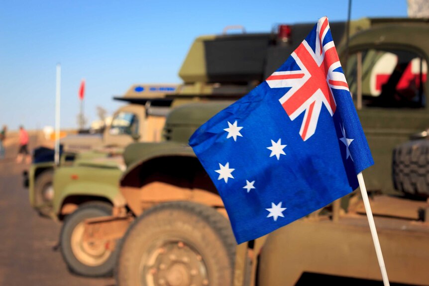 An Australian flag on a historical military vehicle
