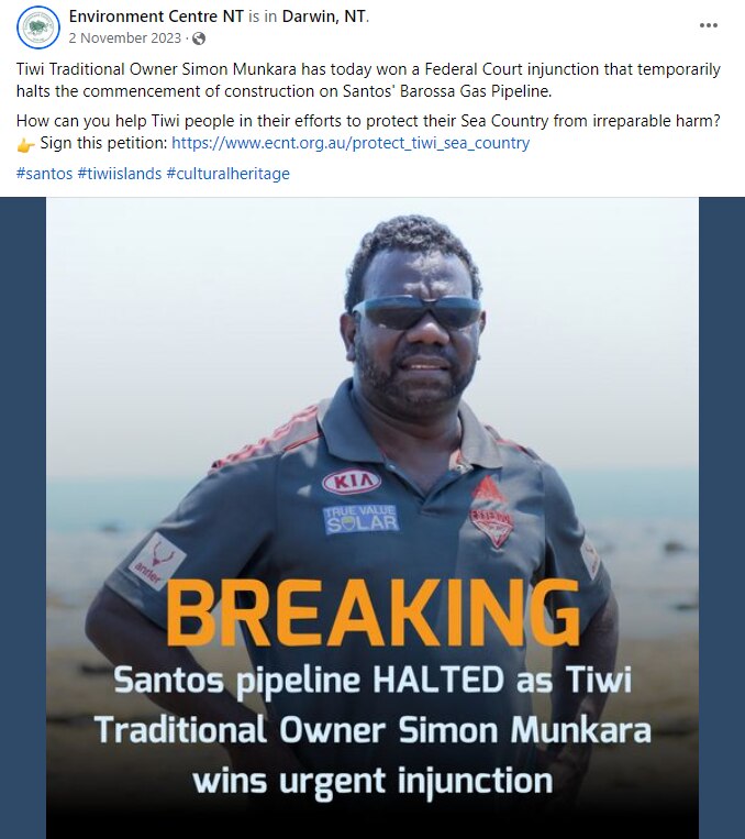 A post from the Environmental Centre Northern Territory asking for supporters to sign a petition to support the Tiwi Islanders.