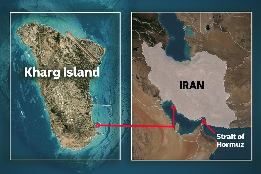 A map that shows Iran's Kharg Island and where it sits within the Persian Gulf.