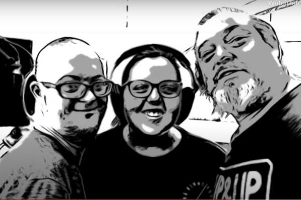 A sketch of a man in glasses, a woman with headphones and a man with a beard