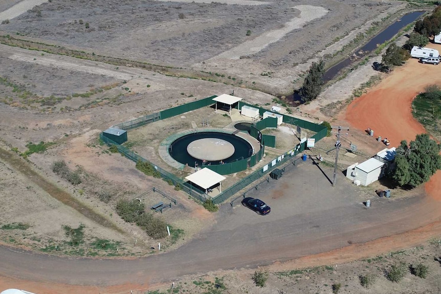 An aerial shot of the Burren Junction bore baths, carpark and camping area.