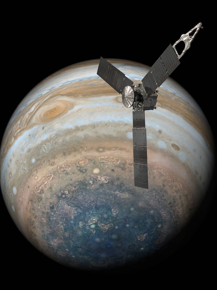 NASA's Juno spacecraft soaring over Jupiter’s south pole.