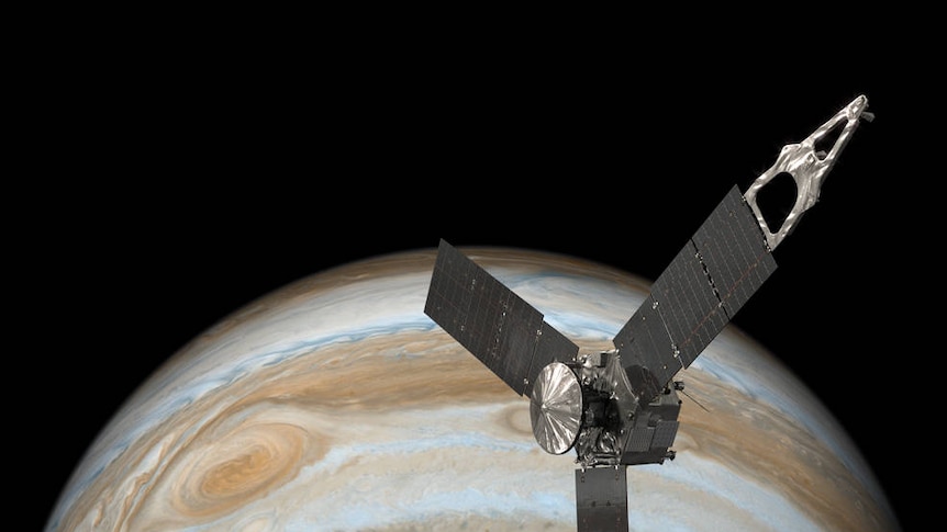 NASA's Juno spacecraft soaring over Jupiter’s south pole.