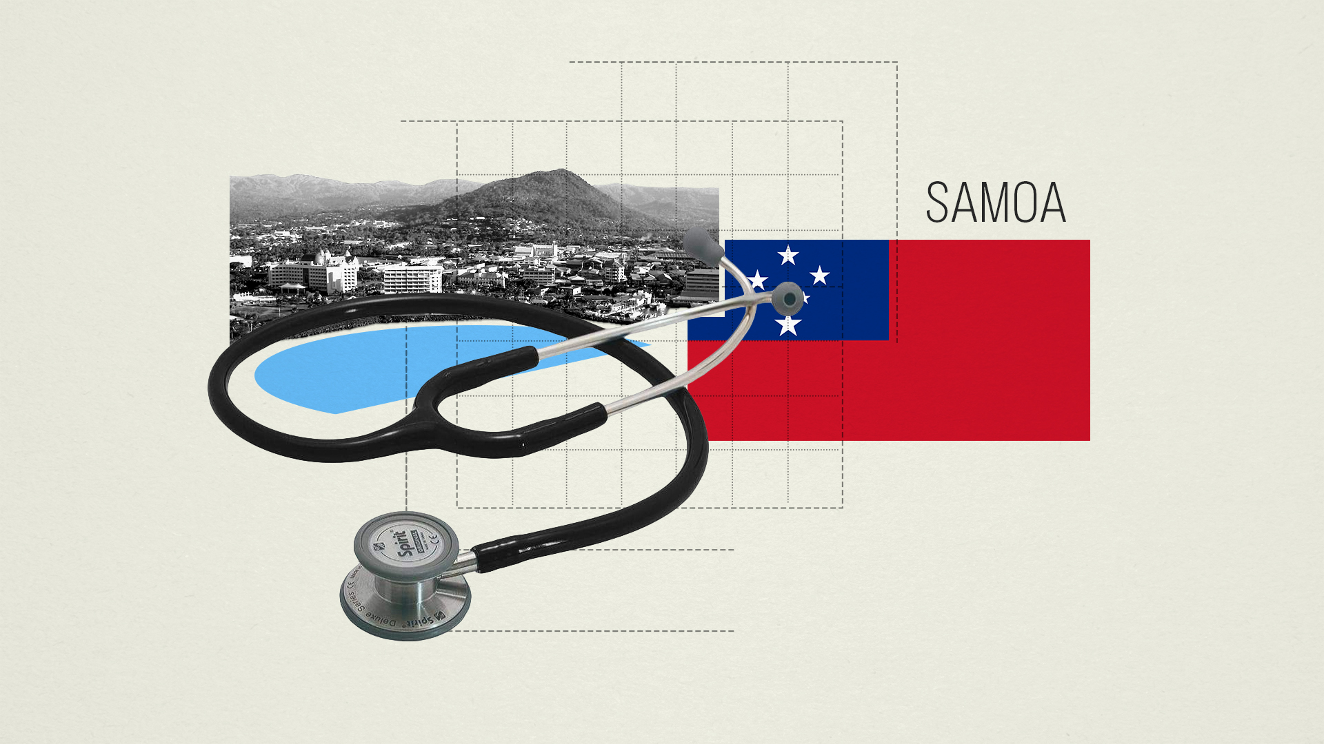 Samoa's flag with a stethoscope and patch of water in front of an island city.
