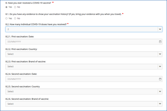 A screenshot shows several questions including first and second vaccination dose dates and locations.