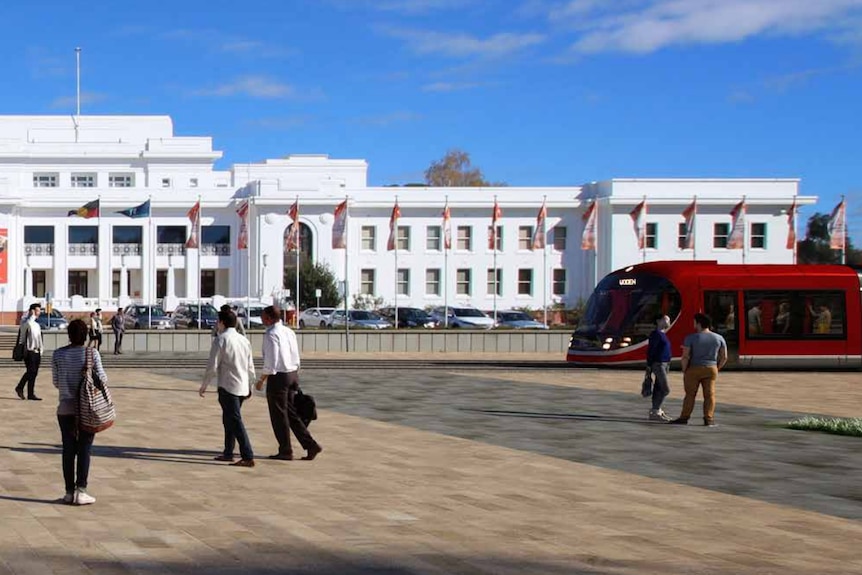 A rendition of a tram moving in front of Old Parliament House with people in the foreground.