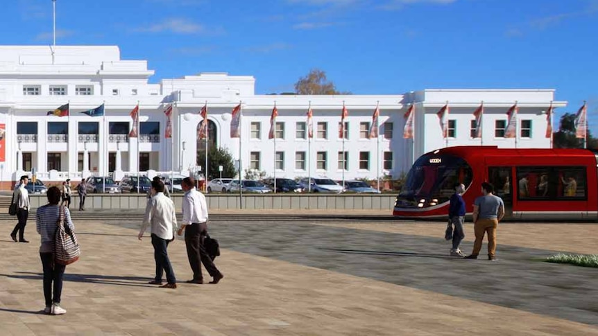 A rendition of a tram moving in front of Old Parliament House with people in the foreground.