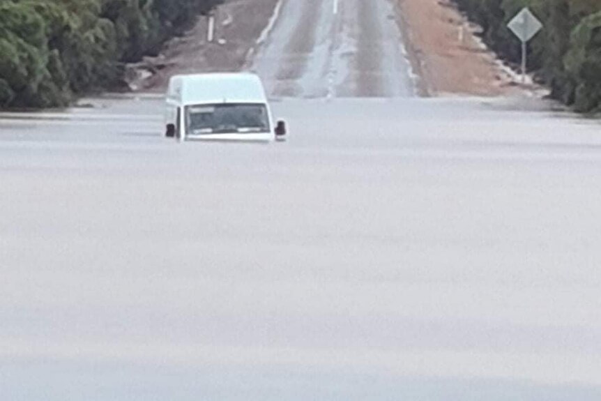 A van in floodwaters on Iron Knob Road between Iron Knob and Whyalla.