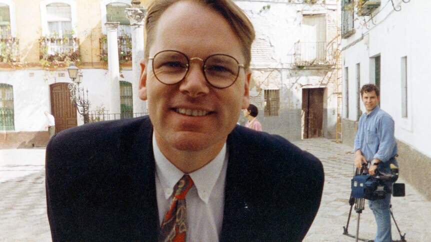 The author in Spain, 1992, with cameraman John Benes.