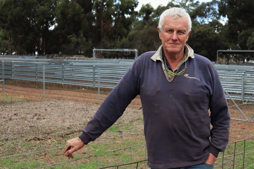 Man standing next to an empty paddock with fencing.