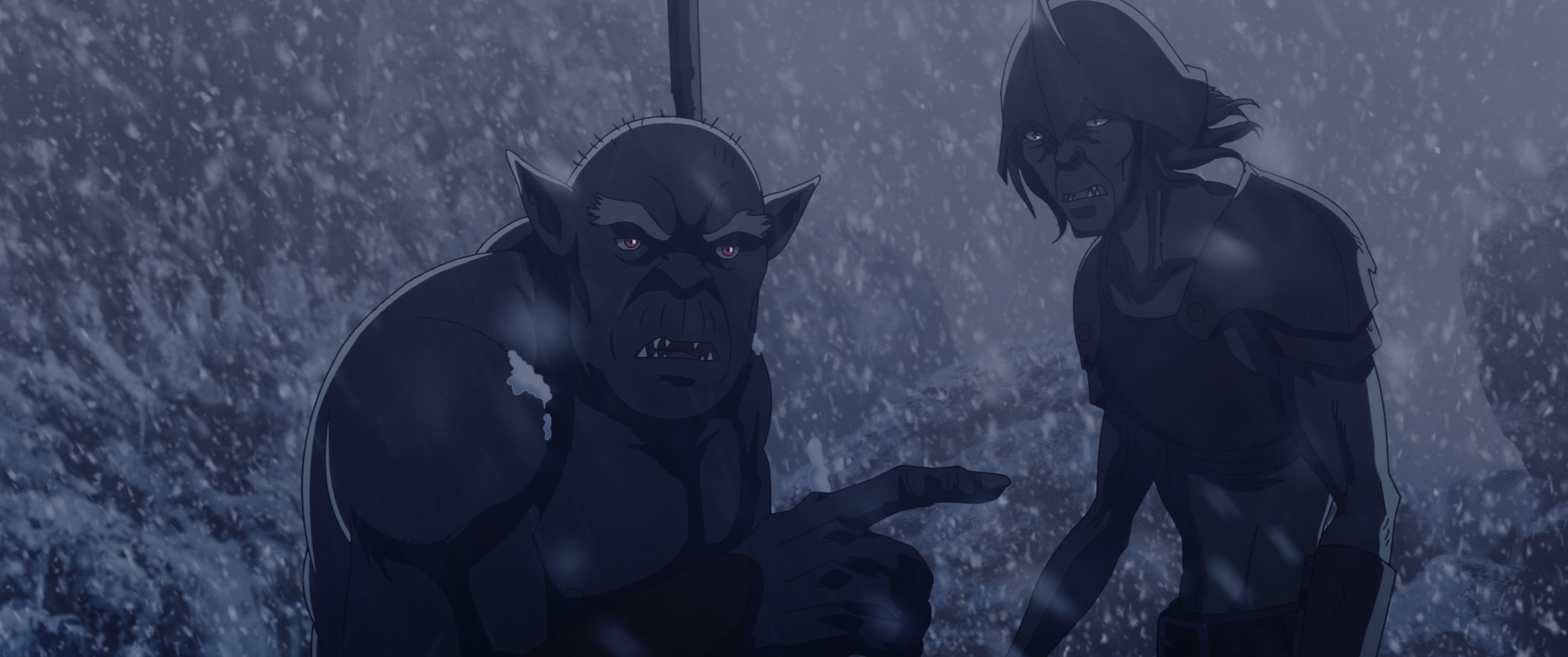 A still from an animated film showing two grey monsters with gleaming eyes in a storm.