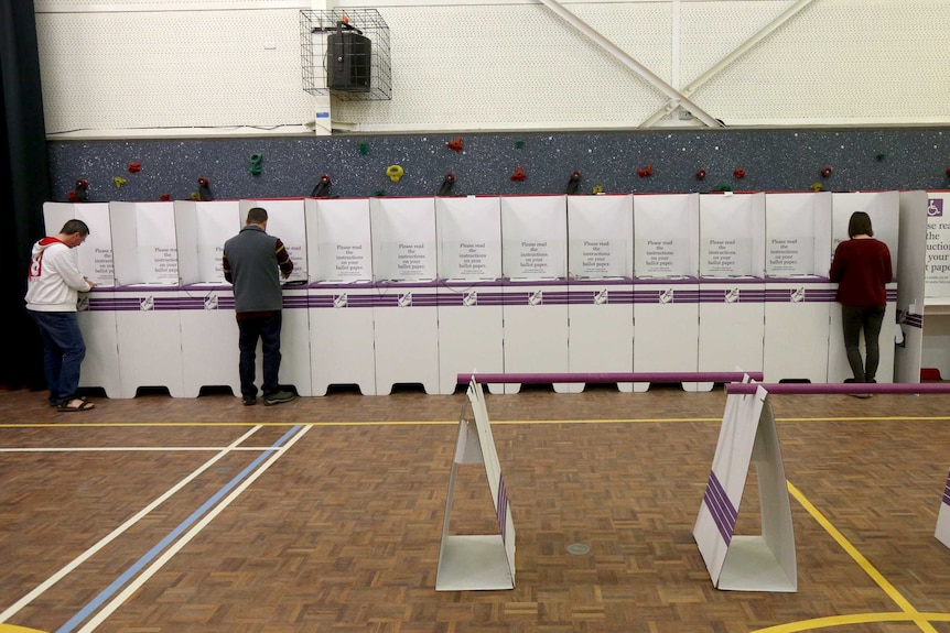 Three people fill in their voting forms at a long line of voting boxes.