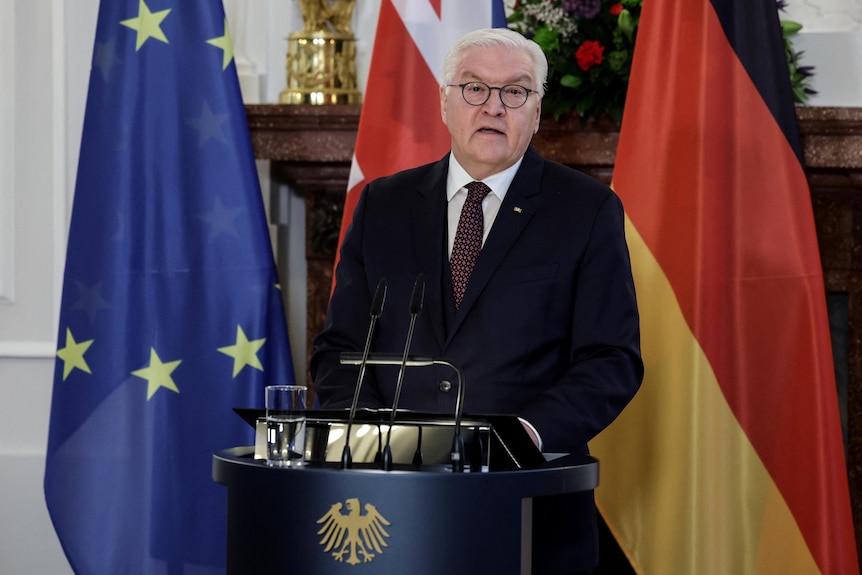 Steinmeier speaks from a lectern. Behind him are the flags of the UK, Germany and EU