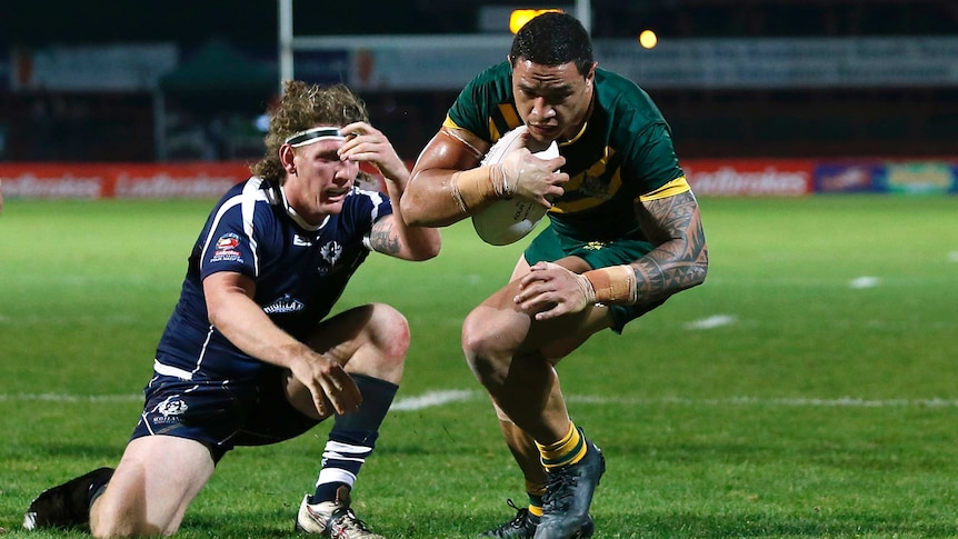 Tyson Frizell scores a try for Kangaroos against Scotland