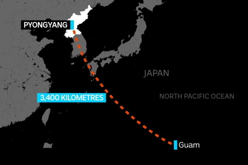 A map shows the distance between Pyongyang and Guam.
