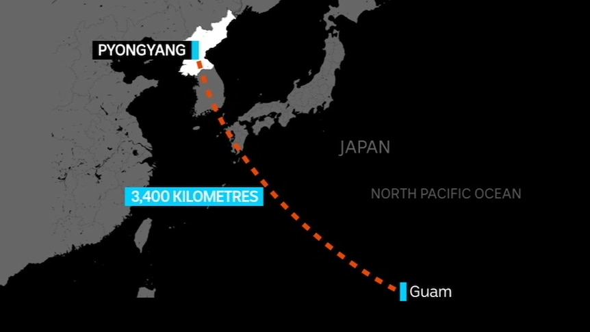 A map shows the distance between Pyongyang and Guam.