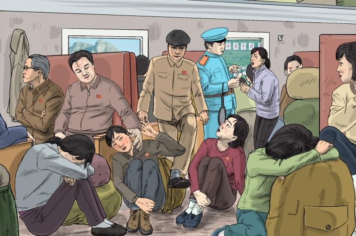 a drawing of women being harassed on a train