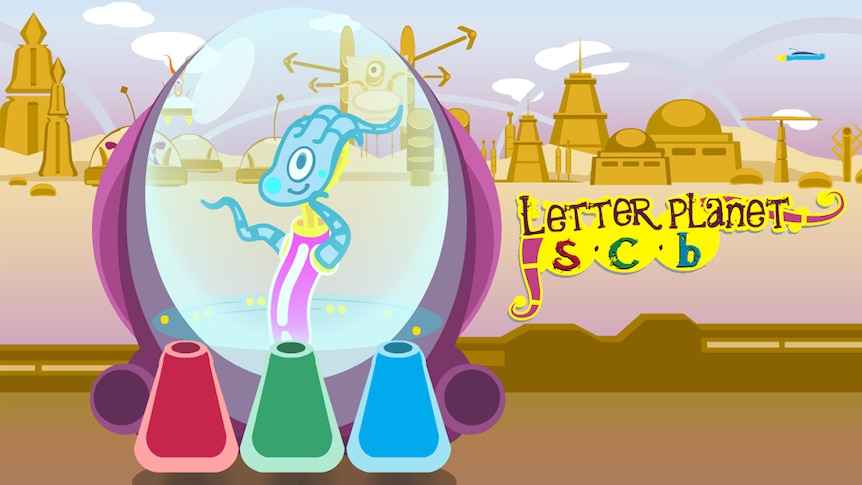 Cartoon alien in bubble spaceship, text reads "Letter Planet: s, c, b"