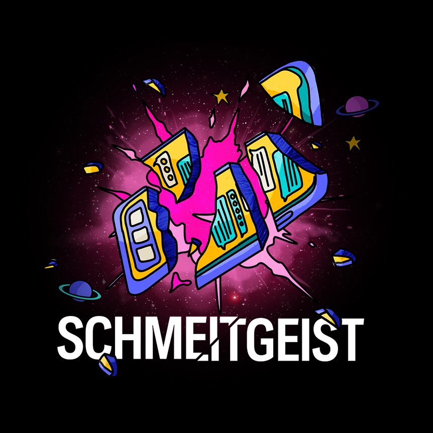 a graphic design of an exploding phone in space with the word Schmeitgeist written underneath