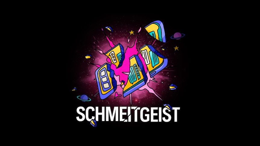 a graphic design of an exploding phone in space with the word Schmeitgeist written underneath