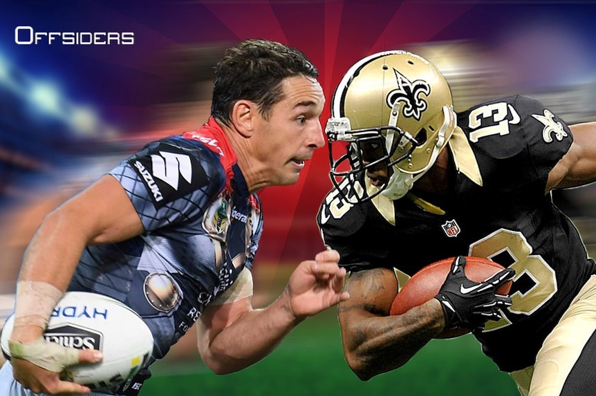 Offsiders graphic of Billy Slater and Michael Thomas running.