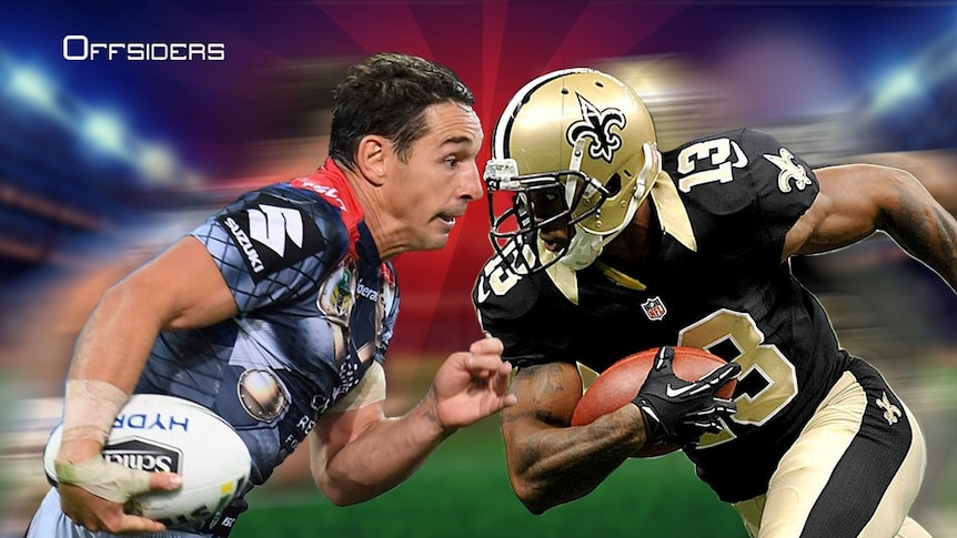 Offsiders graphic of Billy Slater and Michael Thomas running.