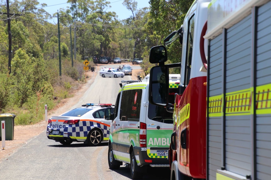 A wide shot with police officers and other emergency services workers and several police cars at the end of a semi-rural road.