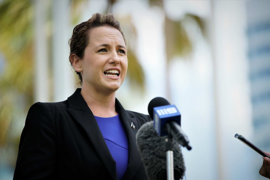 Lia Finocchiaro talks to media standing behind microphones outside Parliament.