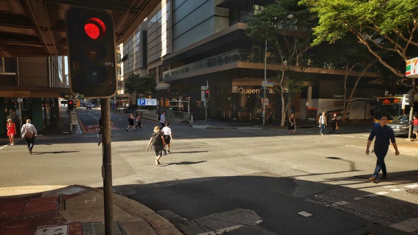 A quiet Brisbane scramble crossing, looking down towards Queen Street Mall on April 1, 2020.