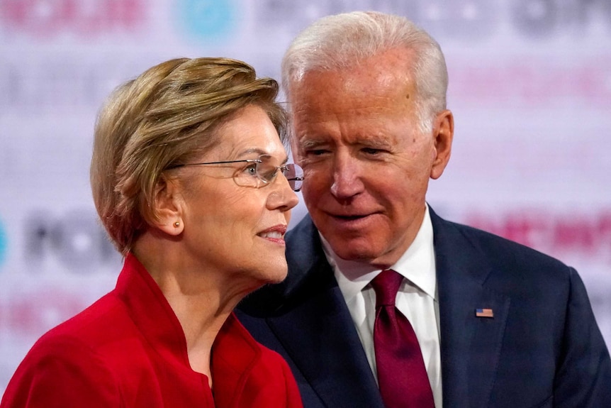Joe Biden looking at Elizabeth Warren on the debate stage