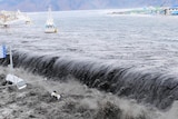 Destructive force... the tsunami wave crashes over a Japanese street