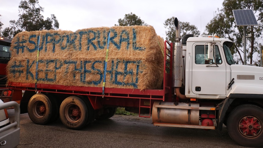 A truck carrying hay bales with the words 'support rural, keep the sheep,' in spray paint