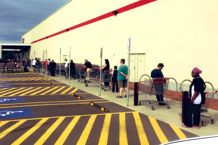 A line-up of people with trolleys outside Costco in Adelaide