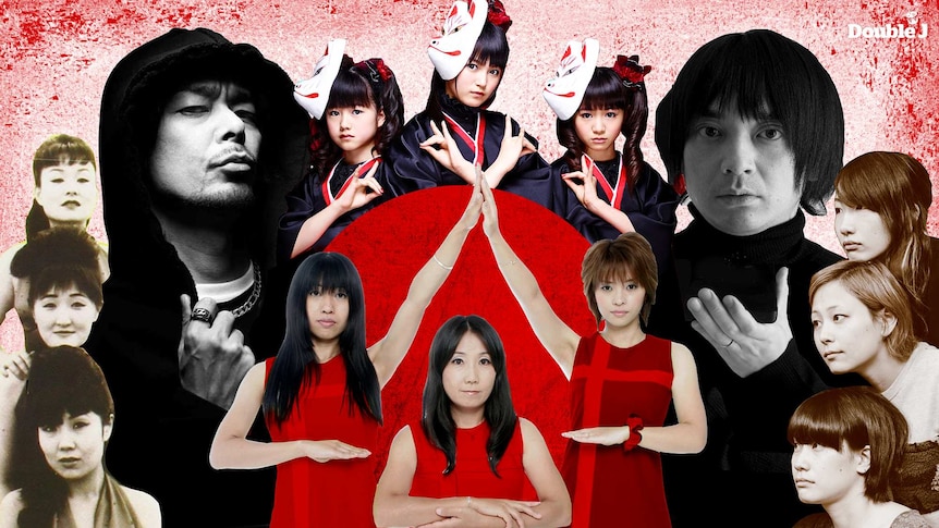 A collage illustration of Japanese bands featuring 5.6.7.8.'s, DJ Krush, Shonen Knife, Babymetal, Cornelius, and Tricot