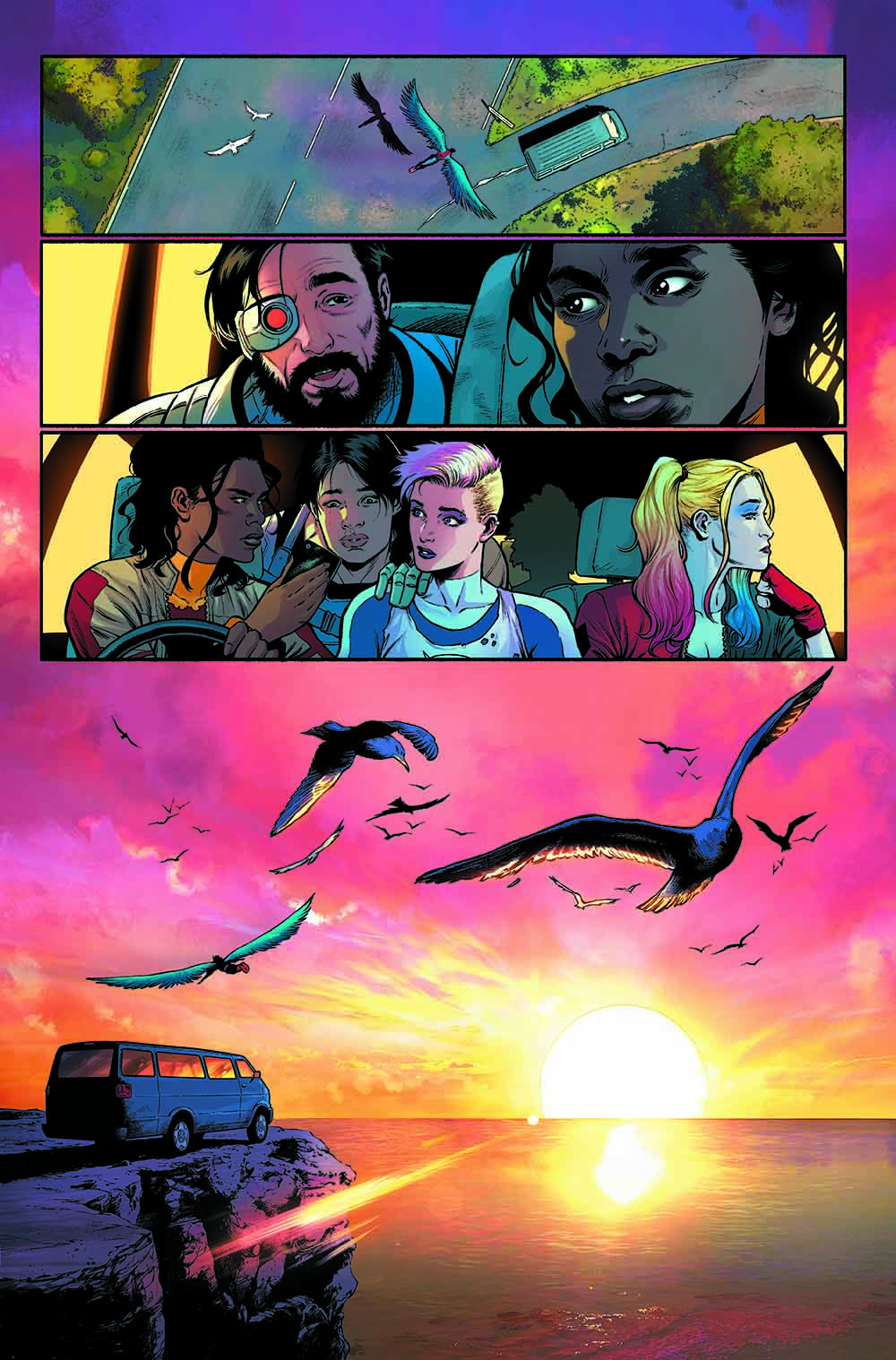 In a comic book page a winged creature flies above car, people sit in car and van perches on seaside cliff during sunset.