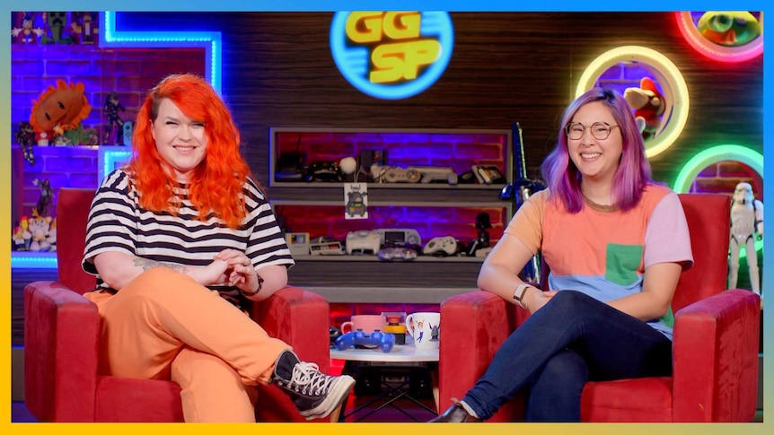Gem and Rad on the red chairs in the GGSP den of gaming.