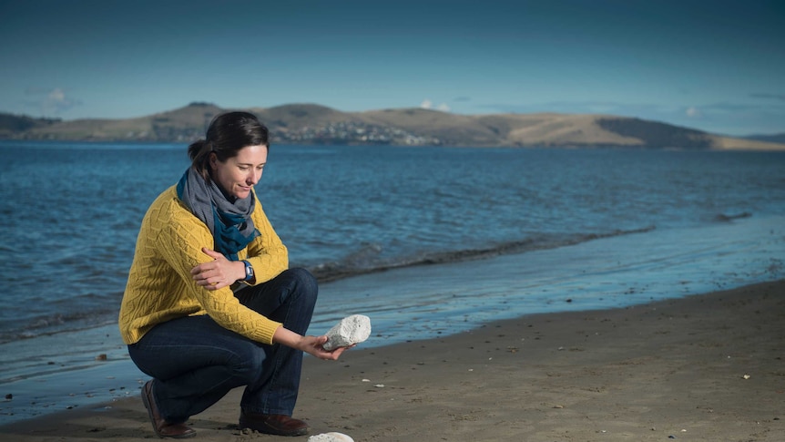 Dr Rebecca Carey examines pumice washed up on Tasmanian beach