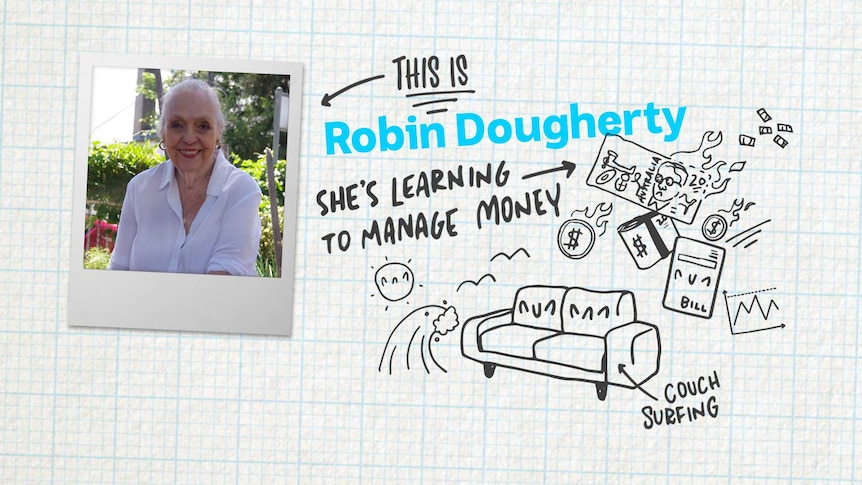 An illustration shows a photo of Robin Dougherty, drawings of money and couch surfing