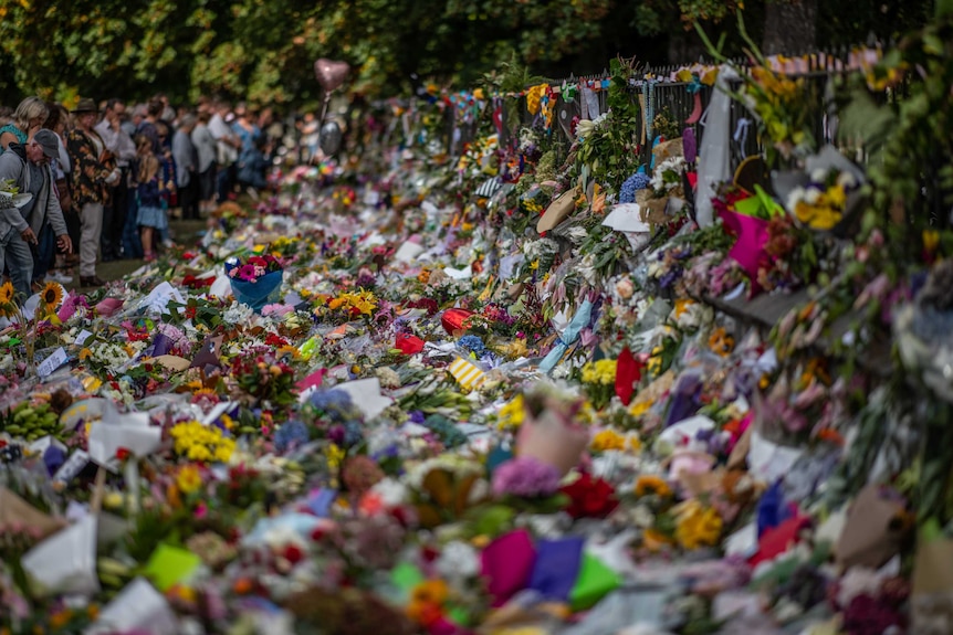 Flowers and tributes by the botanical gardens in Christchurch