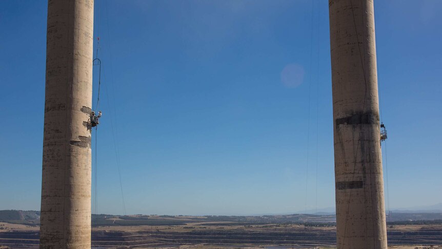 Hazelwood's distinctive chimneys are maintained until the day they're demolished.