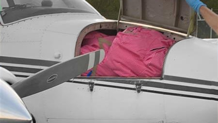 An open compartment at the front of a plane showing pink packages