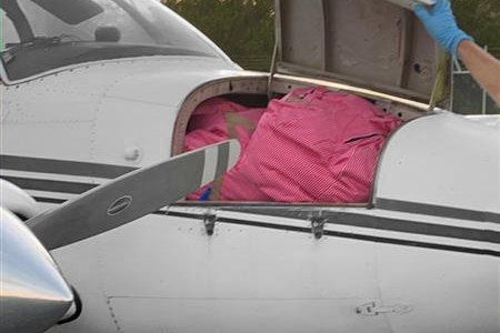 An open compartment at the front of a plane showing pink packages